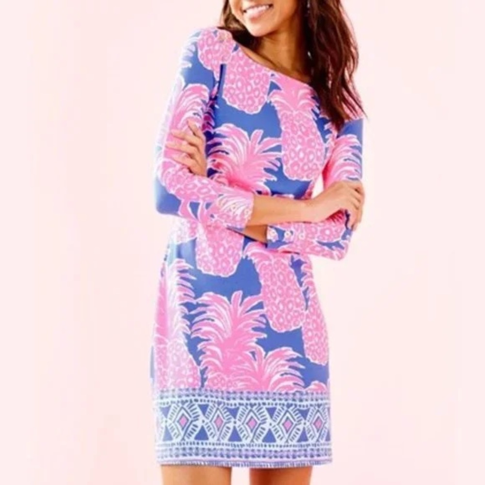 Lilly Pulitzer Sophie Pink & Blue Pineapple Stretch Knit Mini Dress XS $148